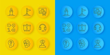 Çizgi başını soru işareti, planlama stratejisi, hedef dolar, dağ bayrağı, kulaklık, hoparlör, sertifika şablonu ve bayrak simgesi ile ayarla. Vektör