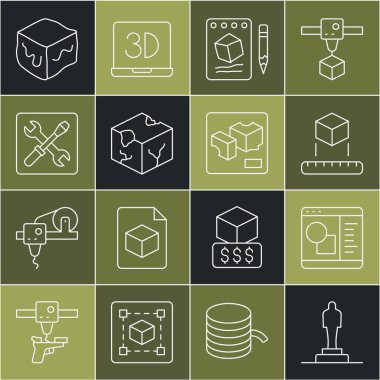 Satır 3D yazıcı modeli, yazılım, Isometric küp, kağıt üzerine çizim, ayar ve simge. Vektör