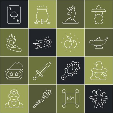 Sabit çizgi Voodoo bebeği, cadı, sihirli lamba ya da Aladdin, zombi eli, ateş tutan el, iskambil kağıdı ve zehirli elma ikonu. Vektör