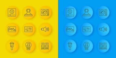 Satır Mikrofon, Müzik Dalga Dengeleyici, Ses Karıştırıcı Dengeleyici, Stereo Hoparlörü, Hoparlör Sesi, Oyuncu, Vinil Vinil ve müzik simgesi çalan DJ. Vektör