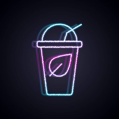 Siyah zemin üzerinde yaprak simgesi olan parlak neon çizgili çay bardağı. Tatlı doğal yemek. Vektör