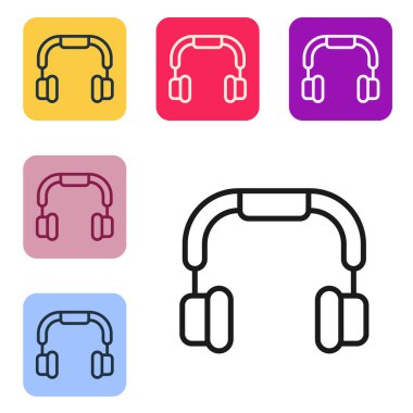 Siyah çizgi kulaklık simgesi beyaz arkaplanda izole edildi. Kulaklıklar. Müzik, hizmet, iletişim ve operatör konsepti. Renkli kare düğmelerle simgeleri ayarla. Vektör