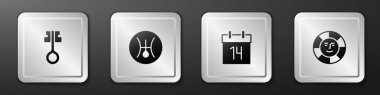 Eski sihirli anahtarı, Sembol Uranüs, Takvim ve Güneş simgesini ayarla. Gümüş kare düğme. Vektör