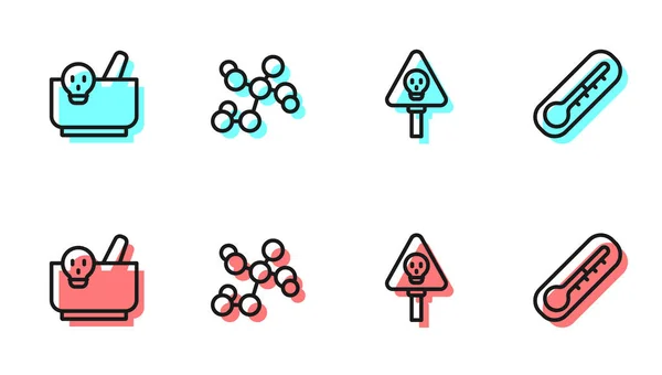 Ligne Réglage Crâne Pilon Mortier Formule Chimique Icône Thermomètre Vecteur — Image vectorielle