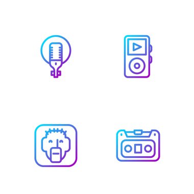 Retro ses kaseti, rapçi, mikrofon ve müzik çaları ayarla. Renk simgeleri. Vektör