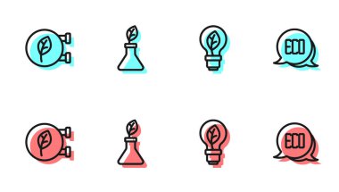 Yapraklı ampul, eko dükkanı, bitki yetiştirme ve Yaprak sembol simgesi. Vektör