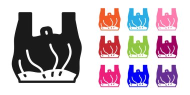 Siyah, beyaz arka planda izole edilmiş plastik poşet poster ikonuna hayır diyor. Tek kullanımlık selofan ve politen paket yasaklama işareti. Simgeleri renklendirin. Vektör