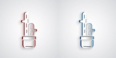 Kağıt, kaktüs kaktüsünü gri arka planda izole edilmiş tencere simgesiyle keser. Tencerede yetişen bir bitki. Saksı bitkisi işareti. Kağıt sanatı tarzı. Vektör