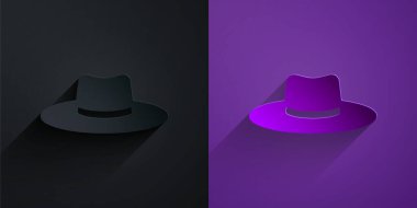 Kağıt kesiği, bahçıvan, çiftçi ya da tarımsal işçi şapkası ikonu. Mor arka planda siyah üzerine izole edilmiş. Kağıt sanatı tarzı. Vektör