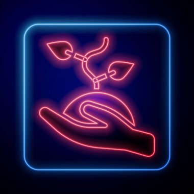 Parlayan neon gönüllü takımı siyah arka planda izole edilmiş ağaç simgesi dikiyor. Bitkileri ve ağaçları koruyan ekolojik koruma. Vektör