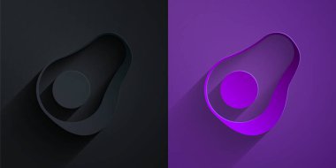 Kağıt kesiği Avokado meyve simgesi mor arka planda siyah üzerine izole. Kağıt sanatı tarzı. Vektör