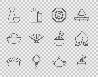 Sıra Suşi, karton kutuda Asya eriştesi, Çin feneri, çay seremonisi, Çin porseleni katlama vantilatörü ve şeftali meyvesi ikonu. Vektör