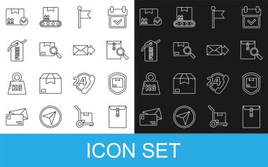 Satır Zarfı, paket güvenliği kalkan, büyüteç, yer belirleyici, Arama paketi, Bedava Fiyat etiketi, Paket kutusu denetimi ve simgesi ile ayarlayın. Vektör