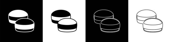 Set Macaron cookie icon isolated on black and white background. Macaroon sweet bakery. Vector