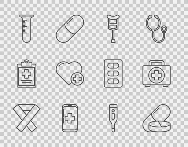 Set Line Awareness Bändchen, Krücken, Notfall-Handy im Krankenhaus, Reagenzglas und Kolben, Herz mit Kreuz, medizinisches digitales Thermometer und Erste-Hilfe-Set-Symbol. Vektor — Stockvektor