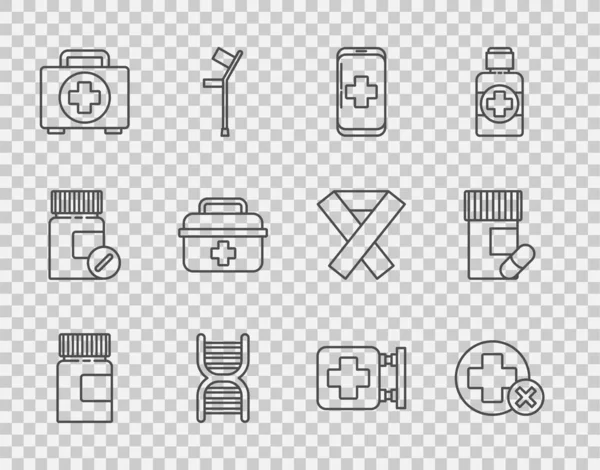 Hat hattı ilaç şişesi, Cross hastanesi sağlık servisi, acil durum cep telefonu çağrısı, DNA sembolü, ilk yardım çantası, hastane tabelası ve hap ikonu. Vektör
