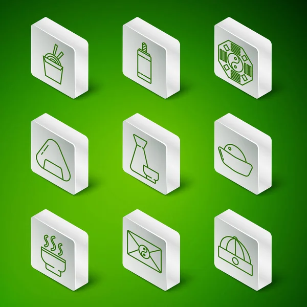 Çin şapkası, Yin Yang ve zarf, Asya eriştesi karton yemek çubukları, çay töreni, suşi, havai fişek ve ikon. Vektör