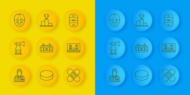 Çizgi hakimi, hakem, hakem, hakem, hava kornosu, mekanik skorbord, çapraz bandaj sıva, maske, buz hokeyi sahası ve spor şampiyonu podyum ikonu. Vektör