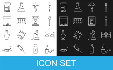 Hat hattı, sigara piposu, kağıt para, afyon haşhaş, Psilosibin mantarı, hap paketi, plastik uyuşturucu torbası, ilaç şişesi ve haplar ve sigara kutusu ikonu. Vektör