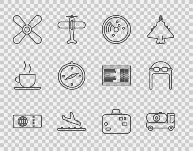Hattı uçak bileti, yakıt tankeri, hedefli radar monitörde, uçak inişi, pervane, pusula, bavul ve şapka ikonu. Vektör