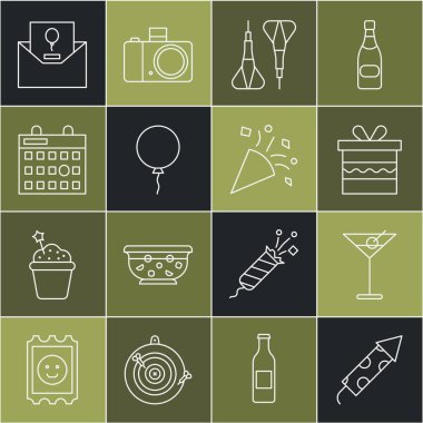 Firework roketi, Martini bardağı, hediye kutusu, Dart oku, kurdeleli balon, doğum günü takvimi, davetiye ve festival konfeti ikonu. Vektör