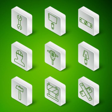 Çizgiyi aşan cetvel, yol bariyeri, İngiliz anahtarı, elektrikli döner çekiç matkabı, işçi kaskı, macun bıçağı, çekiç ve Trowel ikonu. Vektör