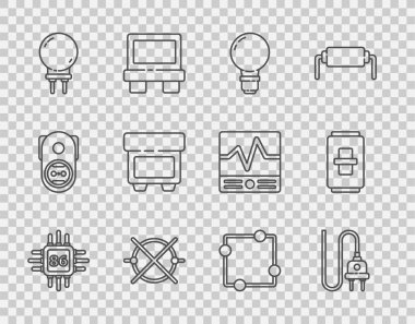 Hat işlemcisini mikro devreli işlemci, elektrik prizi, ampul fikri, şema, diyot yayma, fünye ve ışık anahtarı ikonu ile ayarla. Vektör