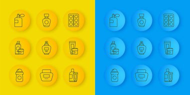 Terleme önleyici deodorant rulo, krem losyon kozmetik tüp, parfüm, göz farı paleti ve ikon. Vektör