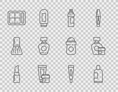 Sabit çizgi ruj, bir şişe şampuan, parfüm, krem veya losyon kozmetik tüp, göz farı paleti ve ikon. Vektör