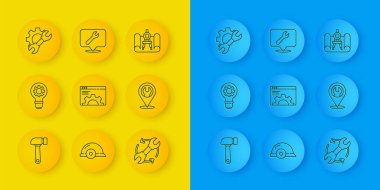 Hat Hammer, ampul ve dişli, Tarayıcı ayarları, Wrench okları iş akışı, anahtar anahtarlı konum, Grafik kağıt pusula ve simgesi. Vektör