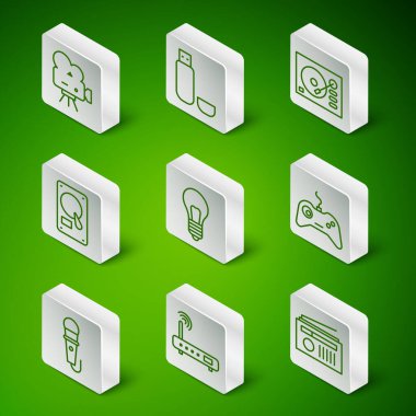 Radyo hattını anten, Router ve wi-fi sinyali, Retro sinema kamerası, ampul fikri, sabit disk sürücüsü HDD, USB flash, mikrofon ve Gamepad simgesi ile ayarla. Vektör