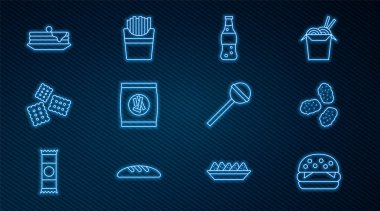Set hattı Burger, Tavuk nugget, bir şişe su, sert ekmek kraker, bisküvi, krep, lolipop ve kutu ikonunda patates kızartması. Vektör