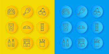 Saf sos şişesi, paket kahve fincanı, kruvasan, paket kutusunda tavuk budu, çikolatalı çikolata, Burger, Apple ve ikon. Vektör