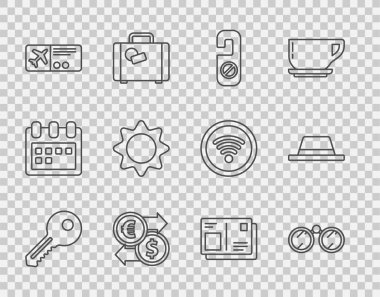 Hat anahtarı, dürbün, lütfen rahatsız etmeyin, para değişimi, uçak bileti, güneş, vize damgalı pasaport ve şapka ikonu. Vektör