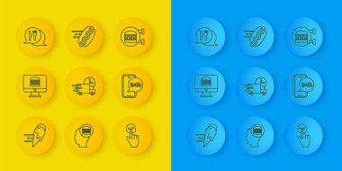 İnternetten dondurma siparişi ver ve siparişi ver, arabayla, yemekle, kafe restoranının yeri, hamburger ve sosisli ikonu. Vektör