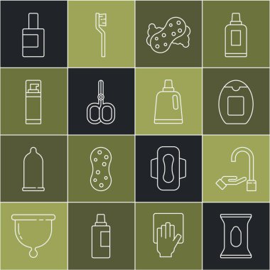Sıralı ıslak mendil, sabunla el yıkama, şampuan şişesi, sünger, tırnak makası, tıraş jeli köpüğü, temizlik malzemesi ve ikon için. Vektör