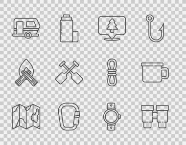 Ormanın yerini haritada, dürbünde, karabinada, karavanda, Paddle, Smartwatch ve metal sabıka simgesinde belirleyin. Vektör