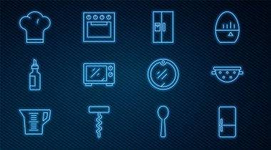 Buzdolabı, mutfak süzgeci, mikrodalga fırın, bir şişe zeytinyağı, şef şapkası, kesim tahtası ve fırın ikonu. Vektör