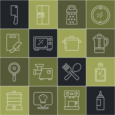 Sos şişesi, kesme tahtası, Çaydanlık, Grater, Mikrodalga fırın, ve bıçak, Et Helikopteri ve Yemek yapma ikonu. Vektör