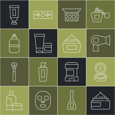 Krem veya losyon kozmetik tüpü, aynalı makyaj tozu, saç kurutma makinesi, parfüm ve ikon. Vektör