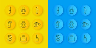 Makyaj tozunu ayna, parfüm, ruj, tırnak törpüsü, Mascara fırçası ve simgeyle ayarla. Vektör