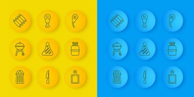 Tuz, ızgara, biftek, kesme tahtası, propan benzin deposu, ızgara domuz pirzolası, pirzola, biftek ve tavuk budu ikonu. Vektör