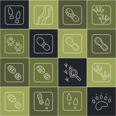 Ayı pençesi ayak izi, güvercin, insan ayak izi ayakkabısı, tilki ve ikon. Vektör