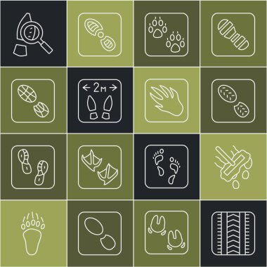 Lastik izi, paspas, insan ayak izi ayakkabısı, Paw, güvenli mesafe, ayak izli büyüteç ve timsah timsahı simgesi. Vektör