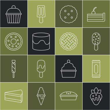 Çikolata, şeker, dondurma, kurabiye ya da bisküvi, kek, çörek ve ev yapımı turta ikonuna çilek koyun. Vektör