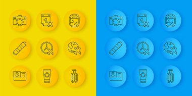 Hat kamerası, Snowboard, uçakla saat, bavul, dünya uçuşu, fotoğraf, uçak penceresi ve takvim ve ikon. Vektör