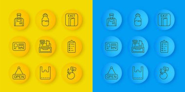 Açık satırlı asma tabelası, kimlik kartı, kasa makinesi, süpermarket ürünleri etiketi, alışveriş listesi, satıcı, yangın çıkışı ve baharat kutusu ikonu. Vektör