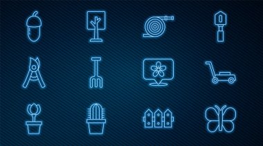 Kelebek, çim biçme makinesi, bahçe hortumu, tırmık, el yapımı makas, meşe palamudu, çiçek ve orman ikonu olan yer. Vektör