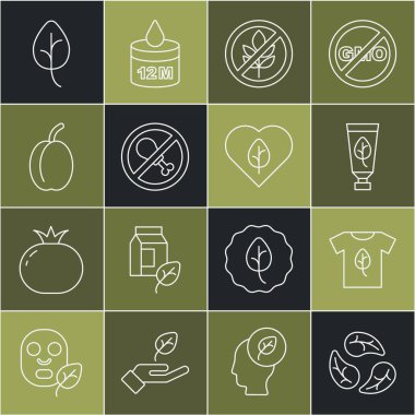 Yaprak ya da yaprak, vegan gömleği, organik kozmetik, glütensiz tahıl, et yok, erik meyvesi ve yiyecek diyeti ikonu. Vektör