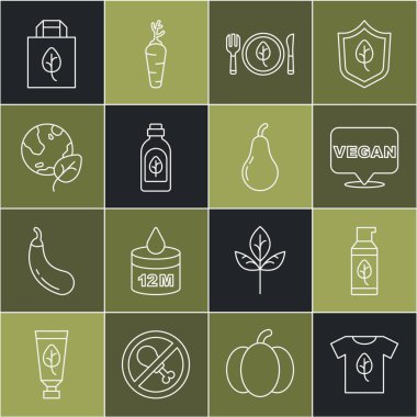 Sıra Vegan gömleği, organik kozmetik, gıda diyeti, temel yağ şişesi, toprak küresi ve yaprak, geri dönüşümlü alışveriş torbası ve armut ikonu. Vektör